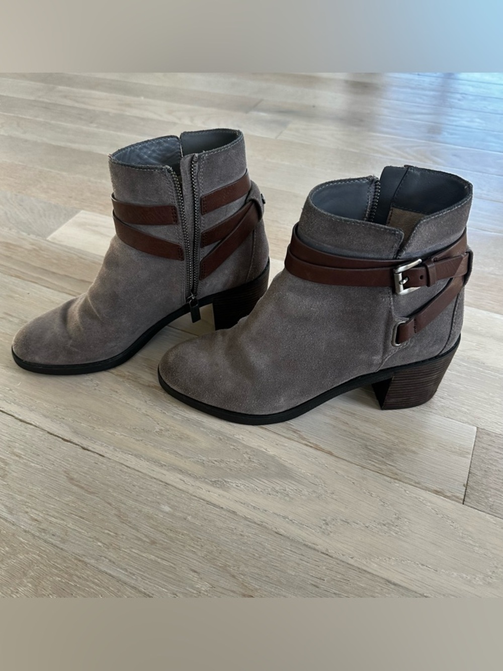 Michael Kors Gray Suede Ankle Booties with Brown Leather Straps